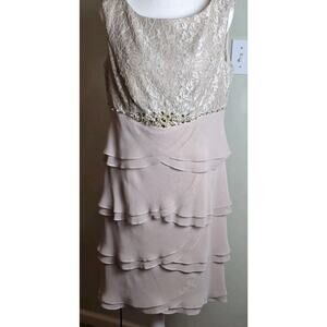 Jessica Howard Formal Cocktail Dress Beige Lace Ruffle Tiered Size 12 Wedding